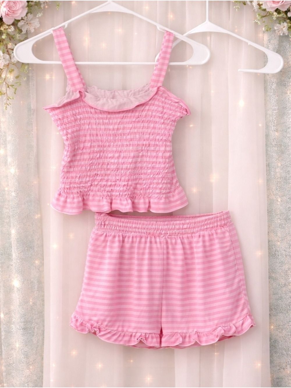 Striped Ruffle Lined Top And Bottom Tank Top Style Pink Matching Set